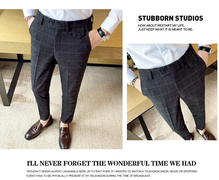 Korean Style British Classic Checkered Elegant Slim Fit Men's Best Man Pencil Pants Suit Pants