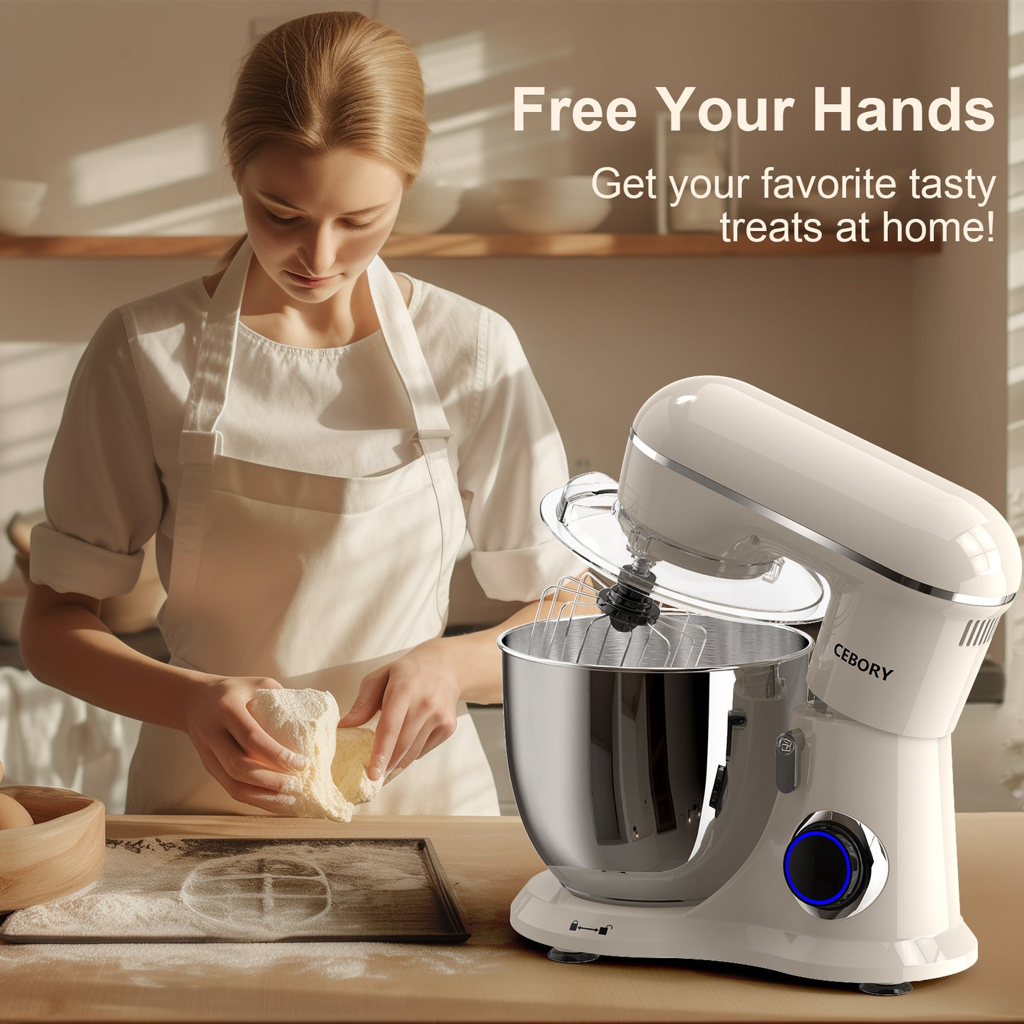 3-IN-1 Electric Stand Mixer, 660W 10-Speed With Pulse Button, Attachments Include 6.5QT Bowl, Dough Hook, Beater, Whisk For Most Home Cooks, Almond Cream