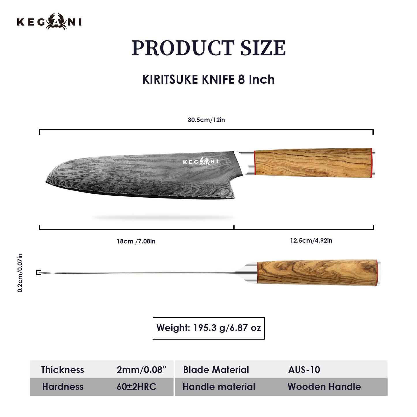 Kegani Kiritsuke Knife - 8 Inch Professional Japanese Chef's Knife, 67 Layers AUS-10 Damascus Steel Kitchen Ultra-Sharp Knife - D-Shaped Handle