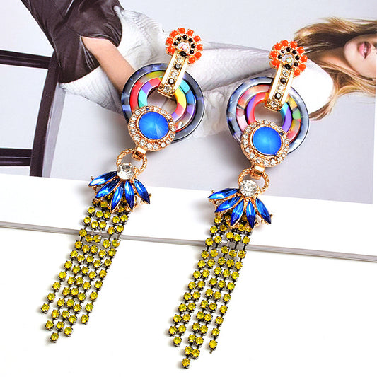 European And American Style Tassel Long Claw Chain Colored Diamond Earrings