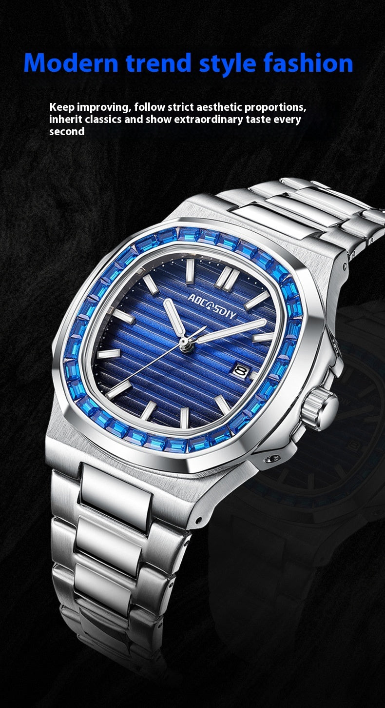 2024 Men's Fashion Diamond Luminous Quartz Watch Waterproof Steel Belt