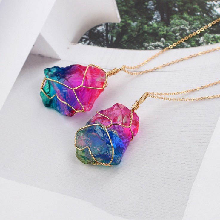 Seven-color, Natural Stone Rough Stone Winding, Crystal Pendant Transparent