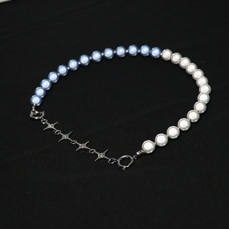 Nuevo diseño de nicho de moda sentido blanco azul luminoso perla costura collar femenino Cruz gargantilla clavícula collar de cadena