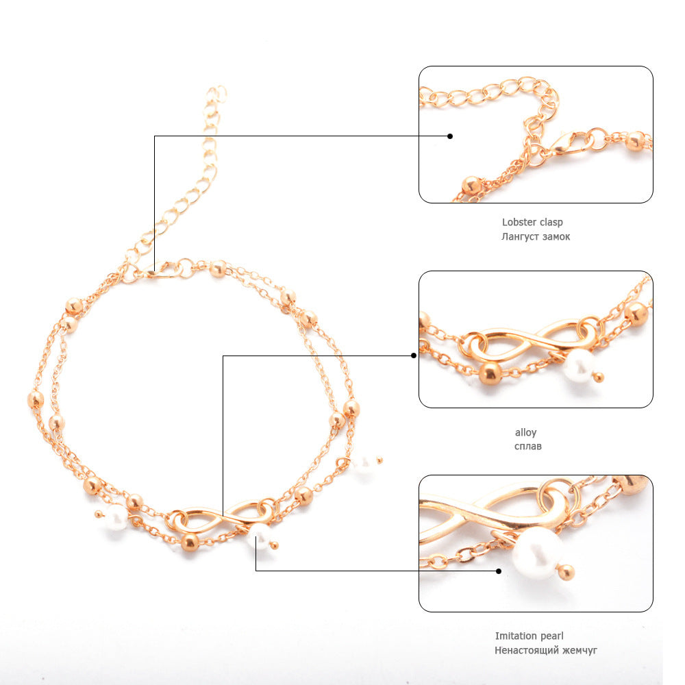 Women's Alloy Anklet With 8-shaped Double-layer Pearls