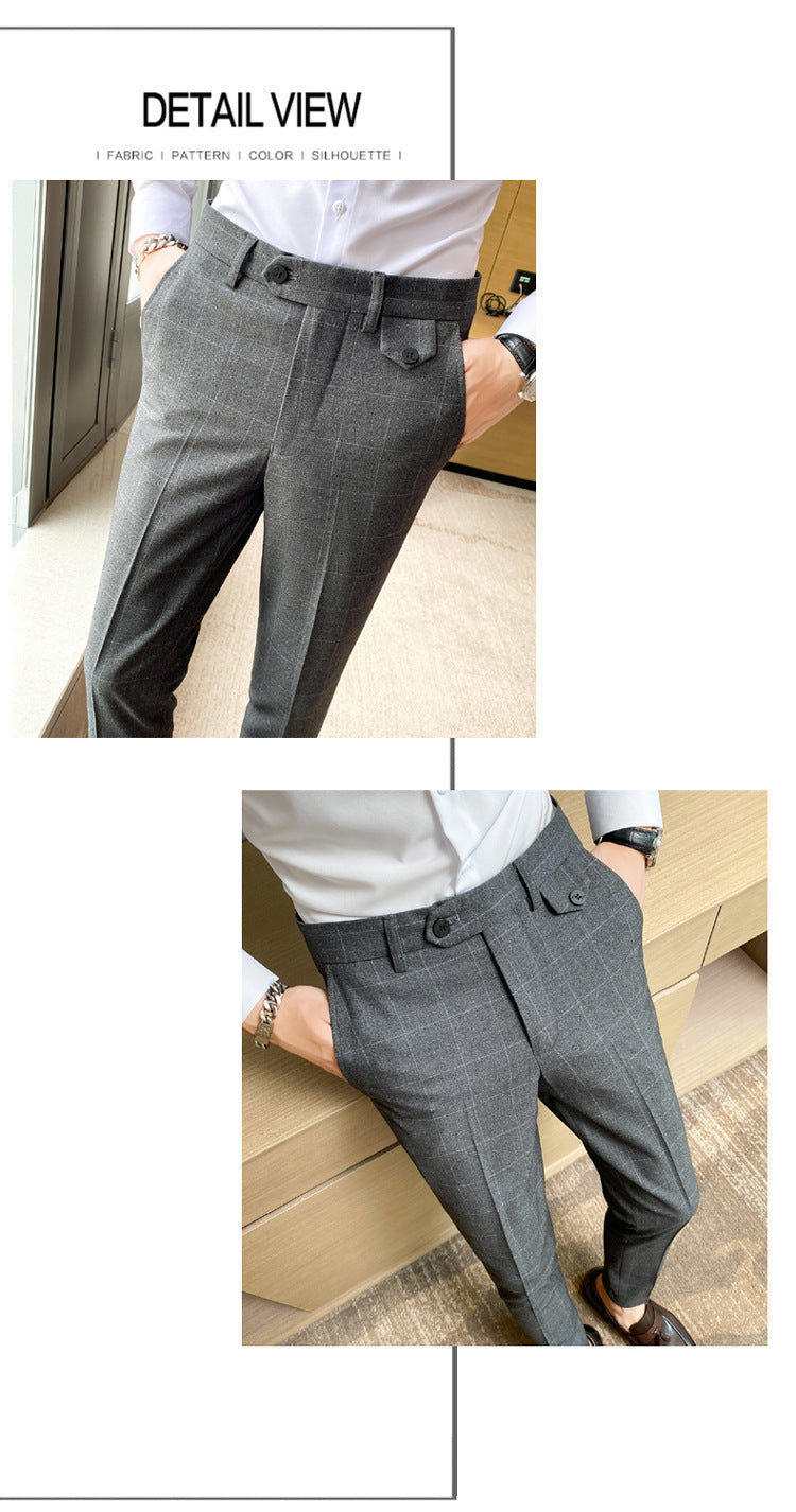 Korean Style British Classic Checkered Elegant Slim Fit Men's Best Man Pencil Pants Suit Pants
