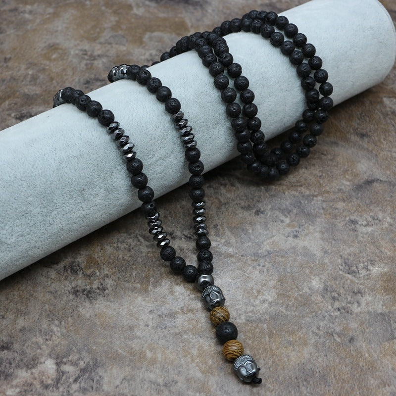 Men's Necklace 6mm Lava Rock Pendant Men's Rosary Necklace
