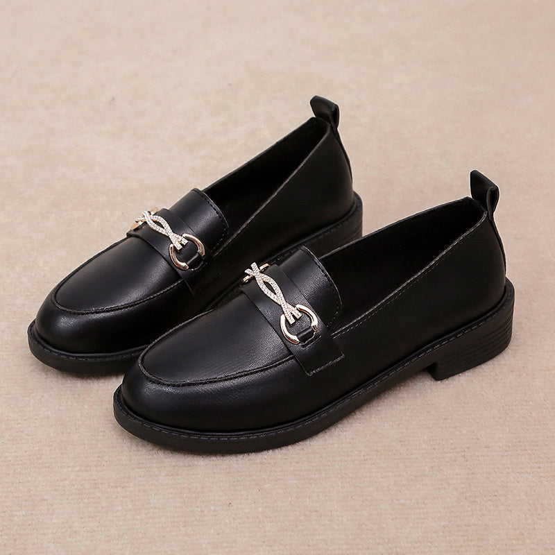 Zapatos versátiles zapatos de mujer zapatos Lefu zapatos de diamantes de fondo plano negro británico