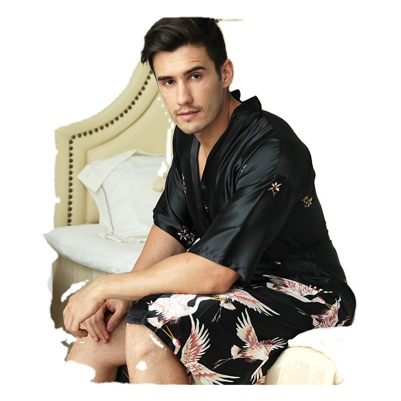 Mid-length Printed Artificial Silk Nightgown Men's Groom Best Man Morning Gowns Sexy Pajamas