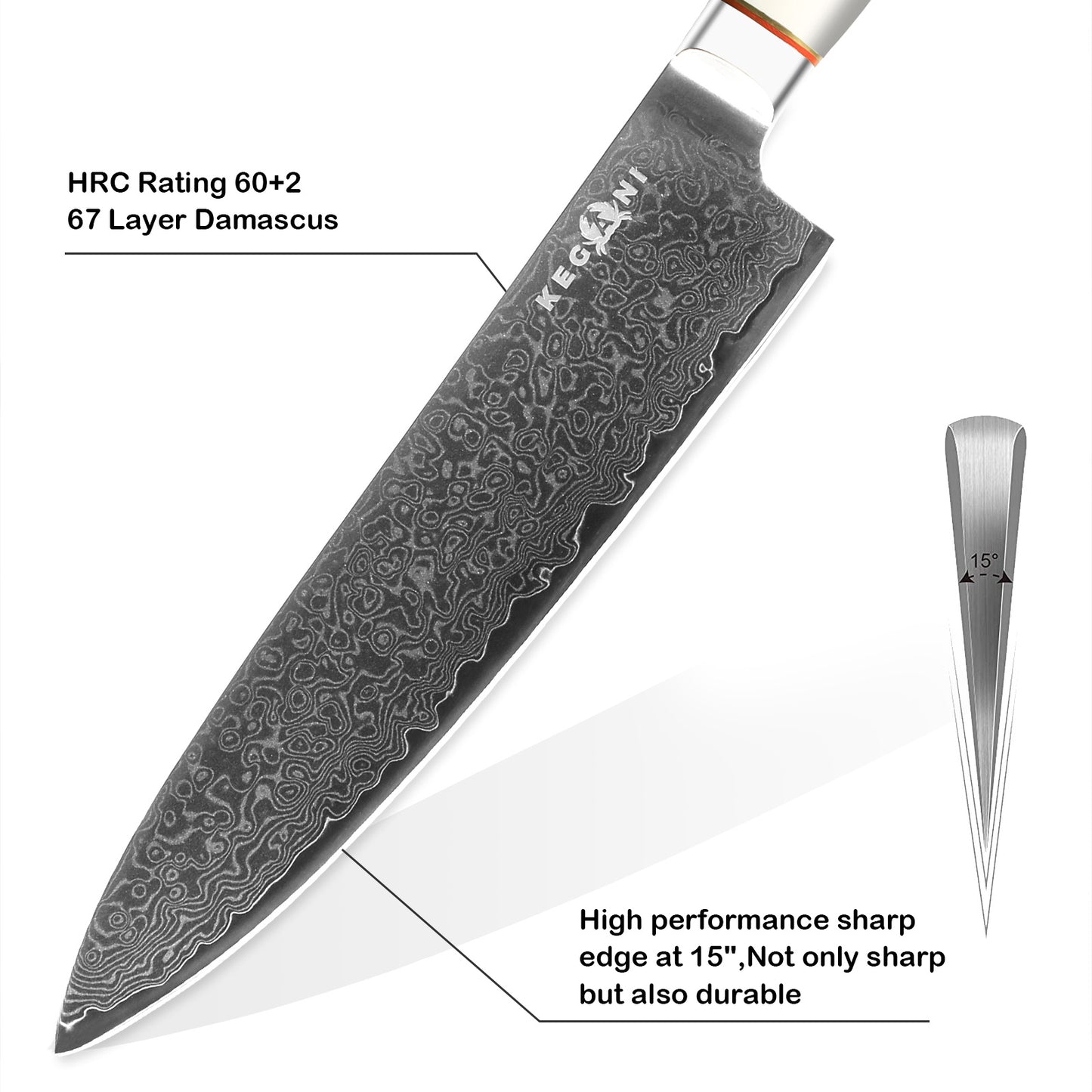 Kegani Chef's Knife - 8 Inch Professional Damascus Chef Knife, 67 Layers Japanese VG-10 Damascus High Carbon Kitchen Cooking Knife Ultra-Sharp Knives- Ergonomic Handle