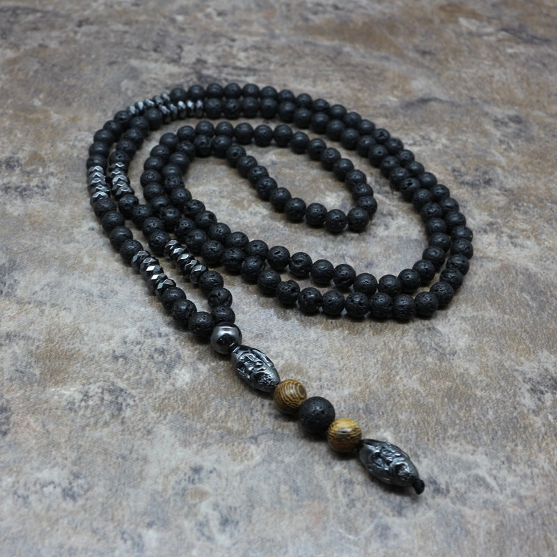 Men's Necklace 6mm Lava Rock Pendant Men's Rosary Necklace
