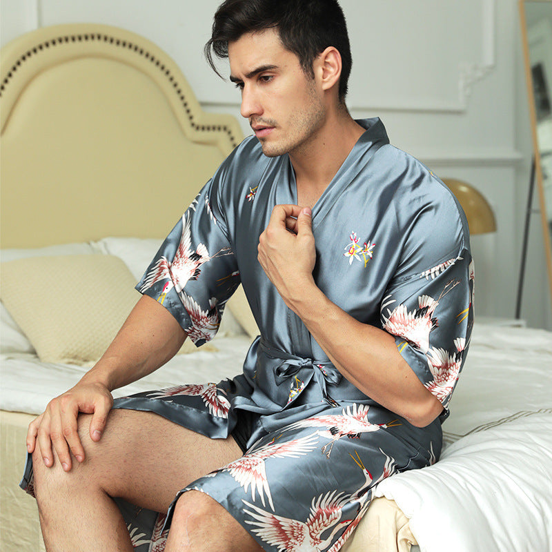 Mid-length Printed Artificial Silk Nightgown Men's Groom Best Man Morning Gowns Sexy Pajamas