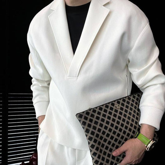 Men's Solid Color And V-neck Side Double Zipper Design Suit Lightly Mature Two-piece Set