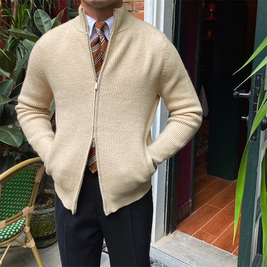 Standing Collar Long Sleeve Cardigan Knit Sweater Man
