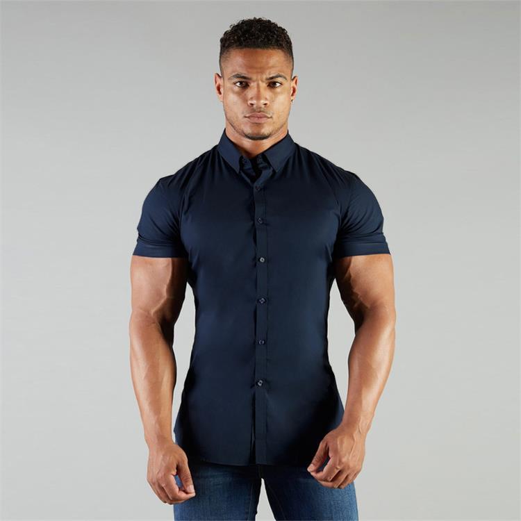 Muscular Man Stretch Shirt With Stand-up Collar And Short Sleeves