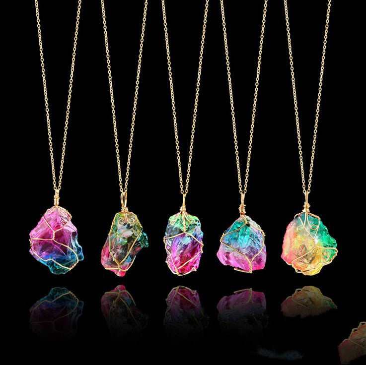 Seven-color, Natural Stone Rough Stone Winding, Crystal Pendant Transparent