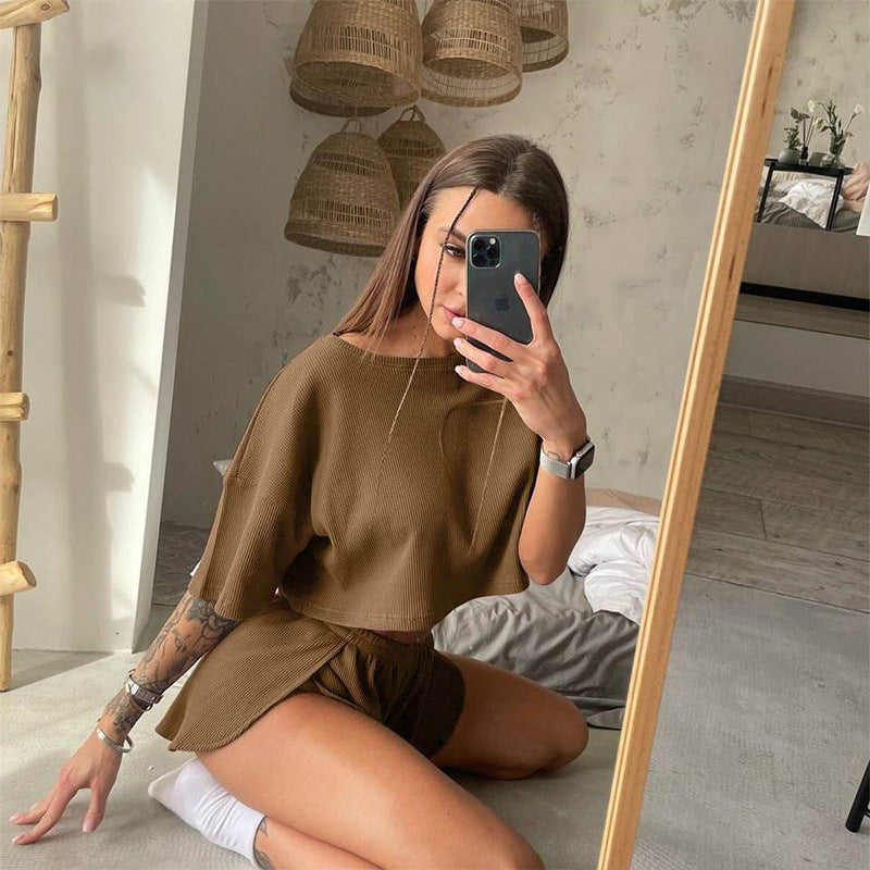 Women's Round Neck Midriff Outfit Short Sleeve Top