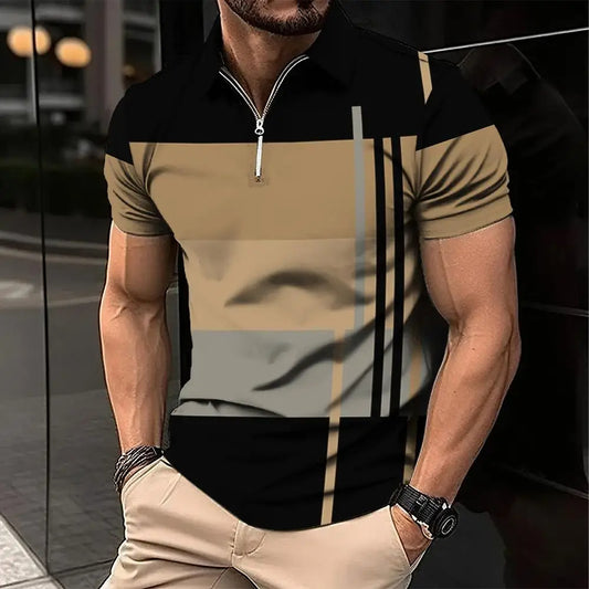 Men's Retro Fashion Plaid Pattern 3D Casual Zipper Lapel Short Sleeve