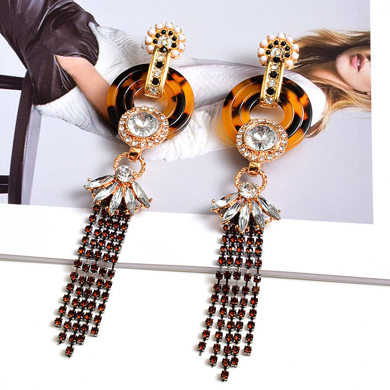 European And American Style Tassel Long Claw Chain Colored Diamond Earrings