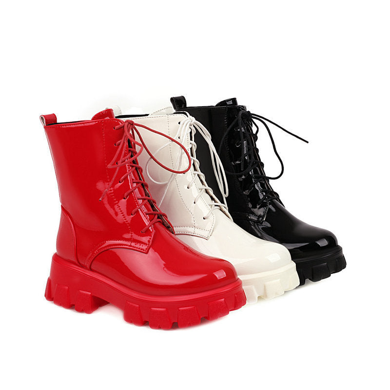 Patent Leather Martin Boots Fashion Front Lace-up Platform Small Man