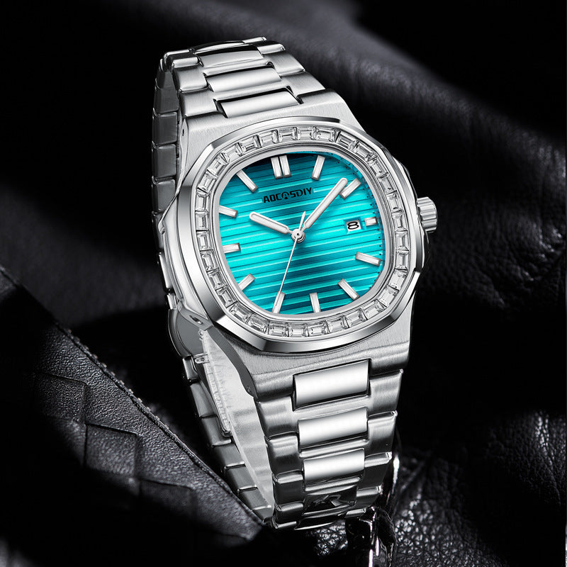 2024 Men's Fashion Diamond Luminous Quartz Watch Waterproof Steel Belt
