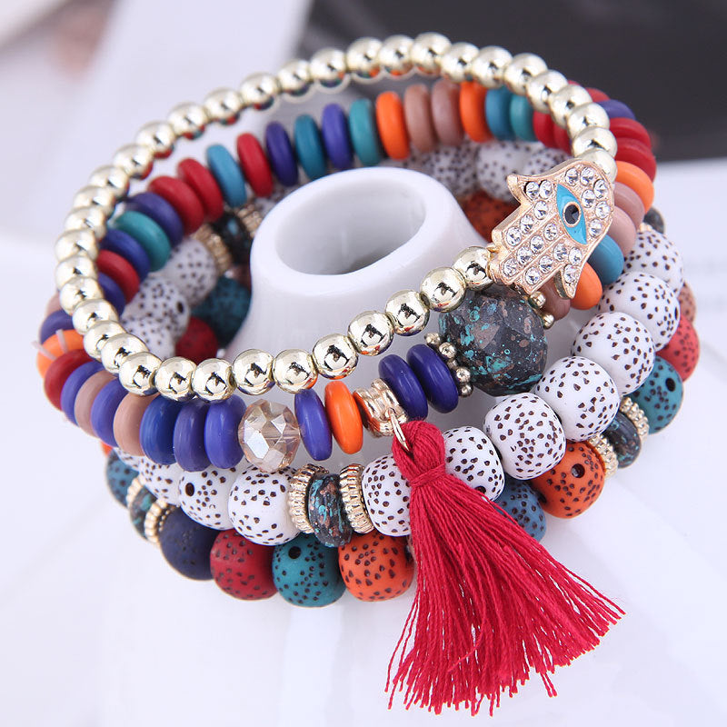 European And American Bohemian Ethnic Style Bodhi Seed Tassel Bracelet Creative Diamond Palm Multi-layer Bracelet