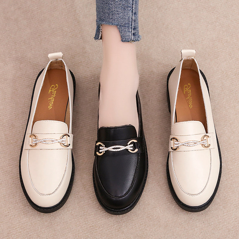 Zapatos versátiles zapatos de mujer zapatos Lefu zapatos de diamantes de fondo plano negro británico