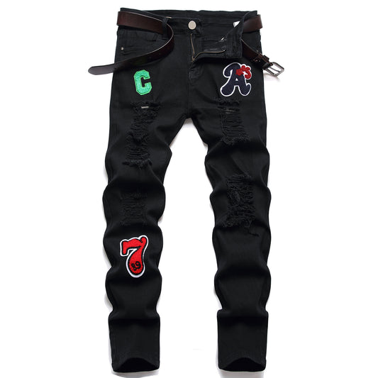 Men's Jeans Zhang Zai Pattern Micro-elastic Black Pants High Quality Fabric Slim-fitting Small Straight